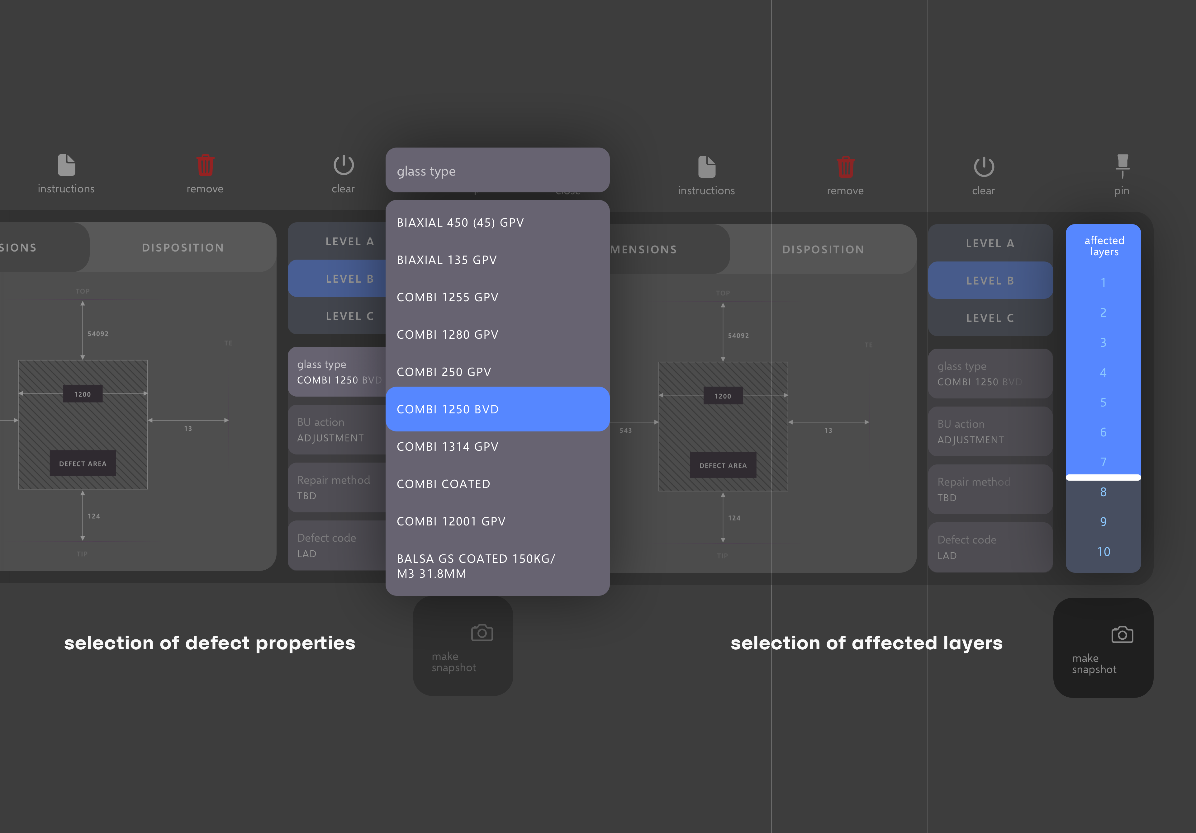 Layup view — composite layer structure visible at defect location
